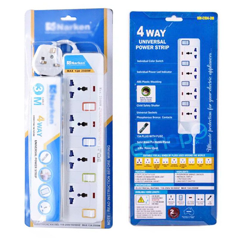 Extension Power Strip With Surge Protector 4 Way Multi Switch Socket