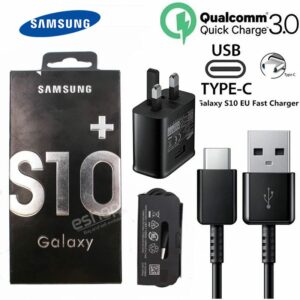 Original Samsung S10 Fast Charger 3 Pin Travel Adapter With USB Type C Cable - Black