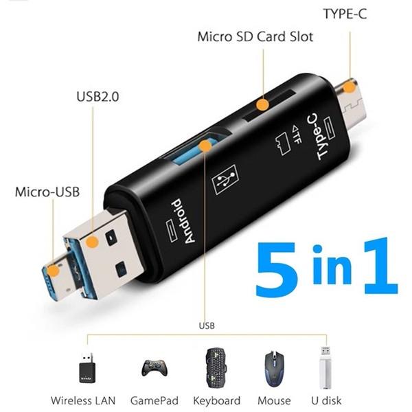 5 in 1 Multifunction Type C USB Micro USB Tf SD Memory Card Reader