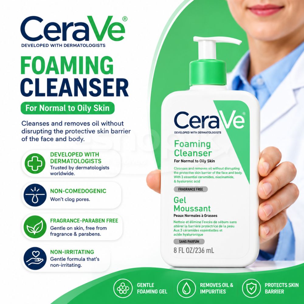 CeraVe Foaming Cleanser for Normal to Oily Skin with Ceramides 236ml 2 CeraVe Foaming Cleanser for Normal to Oily Skin with Ceramides 236ml - Image 2