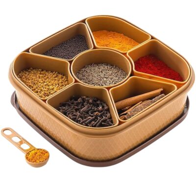 Masala dabba with lid showing organized Indian spices