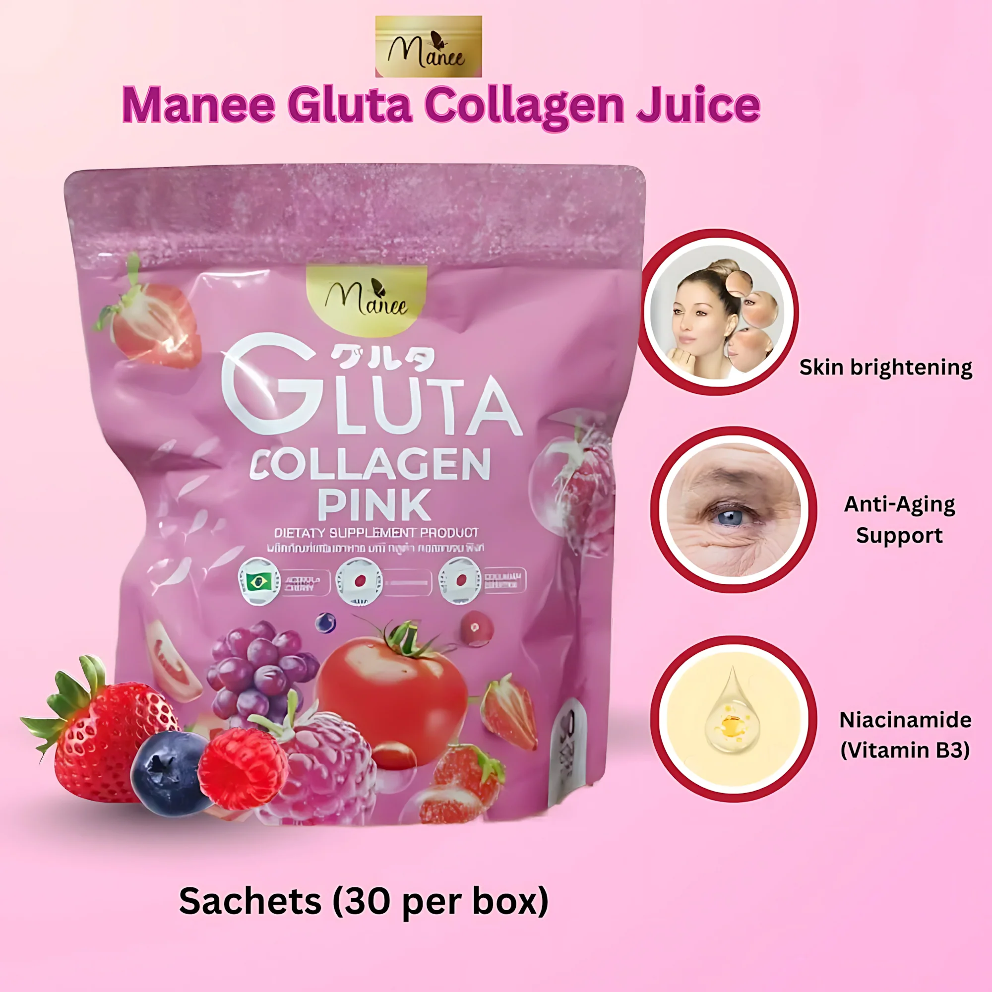 Manee Gluta Collagen Pink Dietary Supplement – 30 Pcs 2 Manee Gluta Collagen Pink Dietary Supplement – 30 Pcs - Image 2