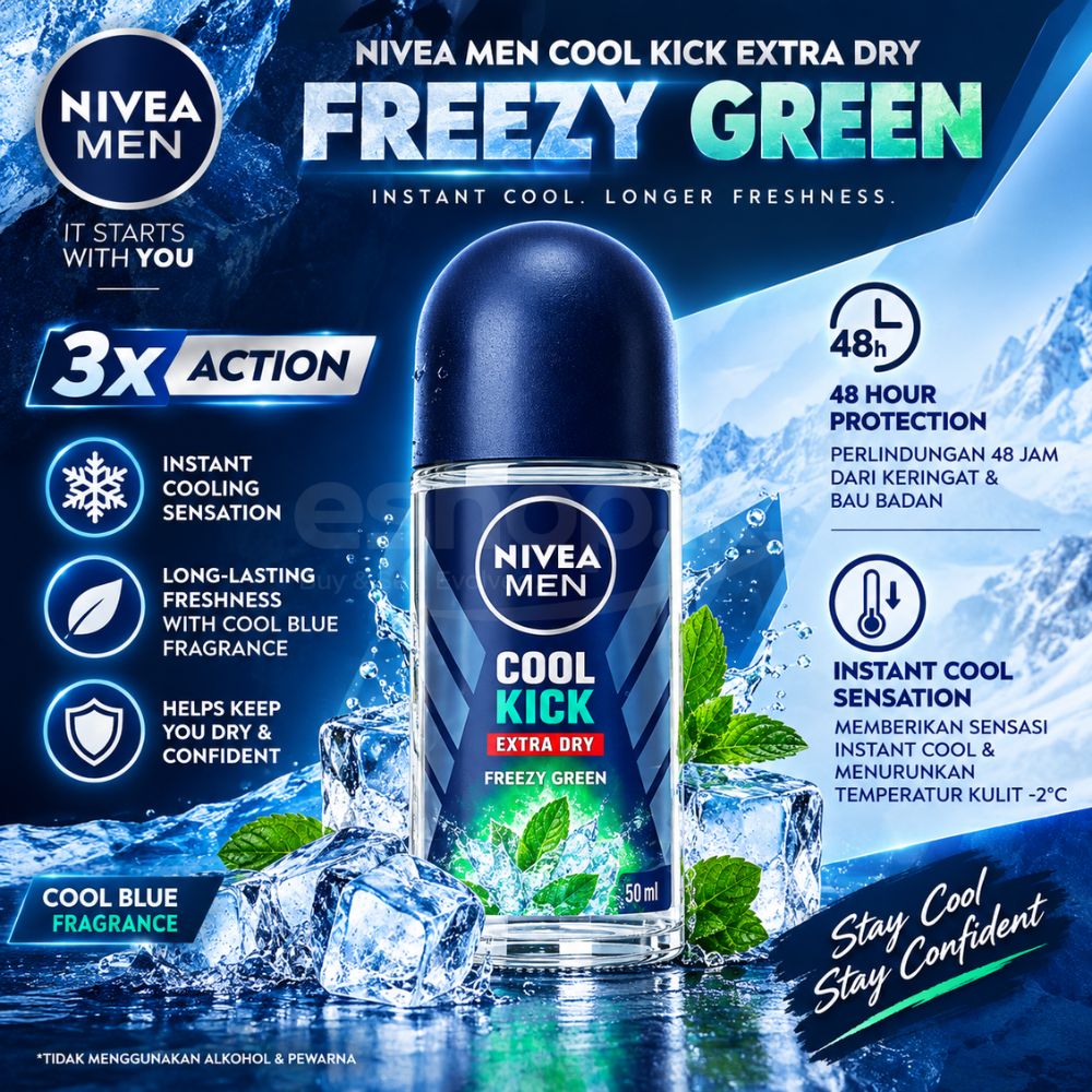 NIVEA Cool Kick Freezy Green Roll-On Extra Dry Deodorant 50ml 2 Nivea Men Cool Kick deodorant