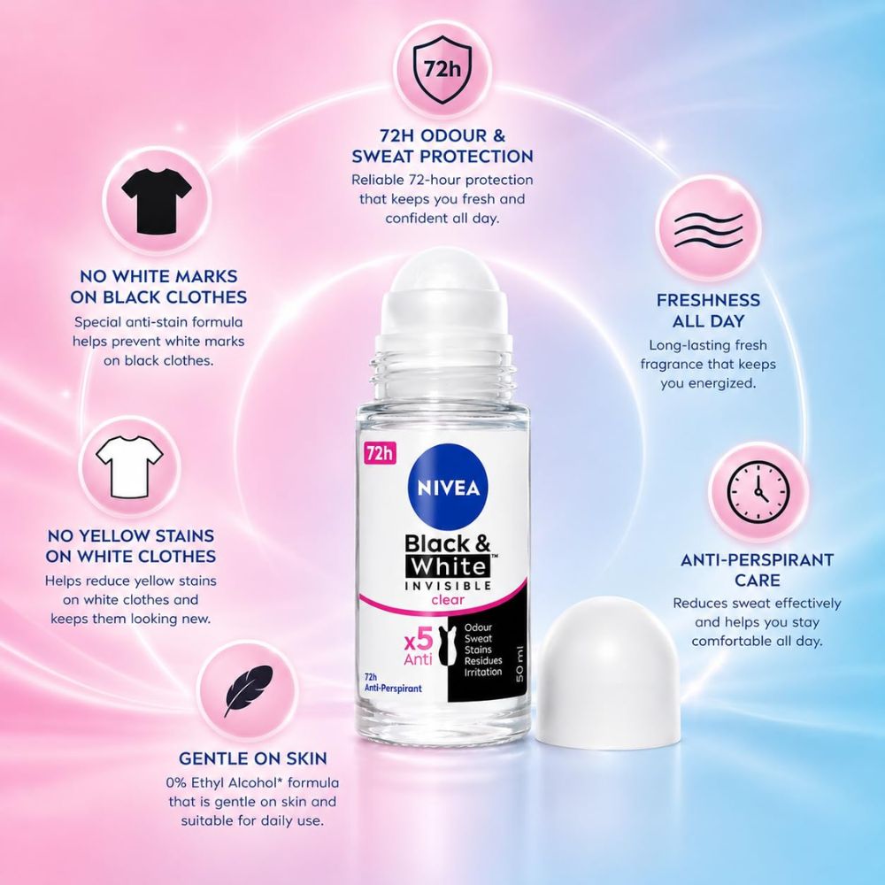 Nivea Roll On Black & White Invisible Clear 72H Anti-Perspirant Deodorant 3 nivea invisible clear deodorant roll on