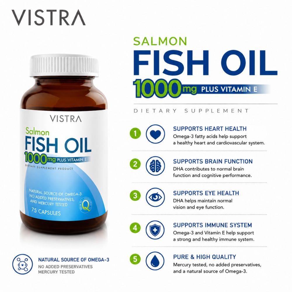 Vistra Salmon Fish Oil 1000mg Supplement with Vitamin E 75 Capsules 2 vistra fish oil 75 capsules