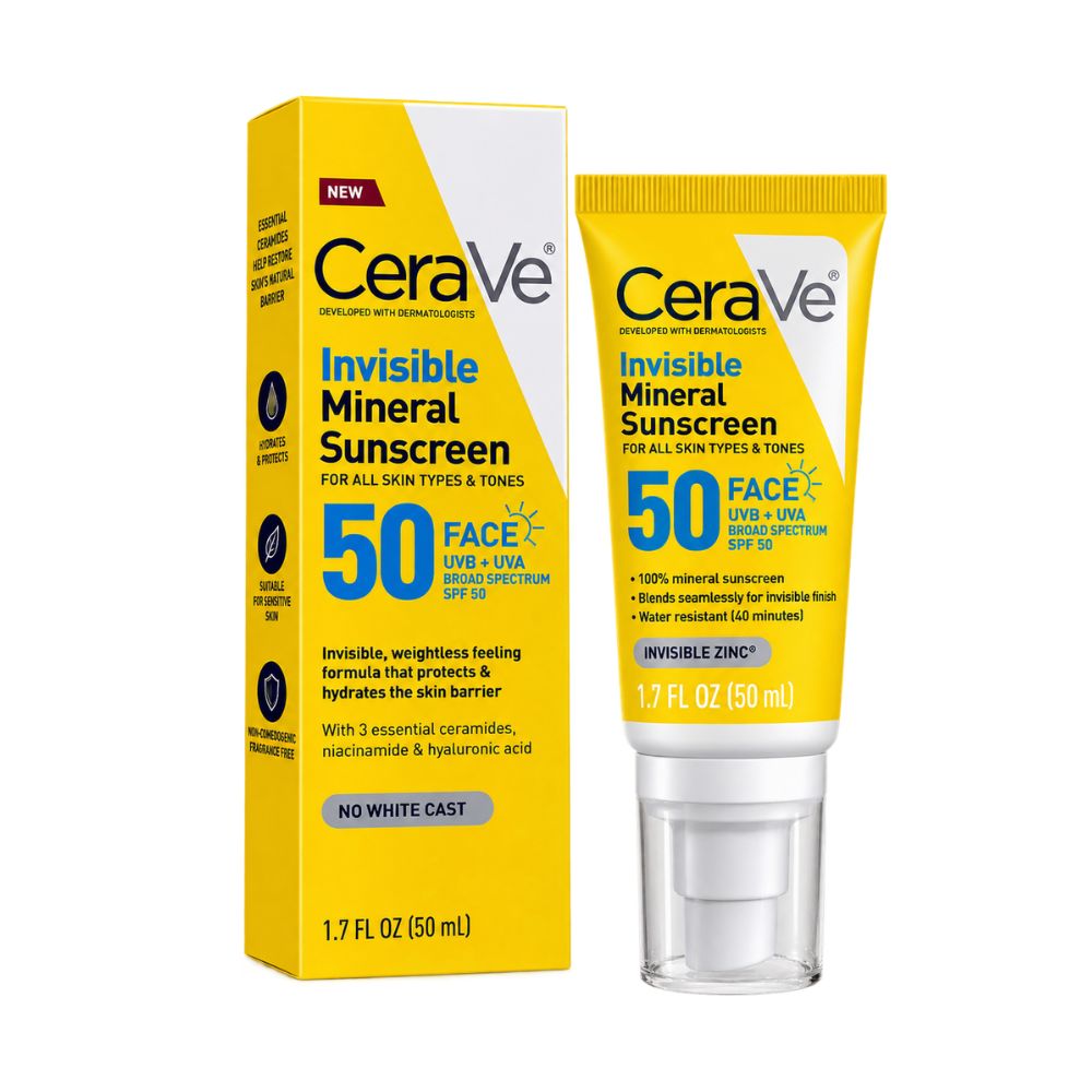CeraVe Sunscreen Invisible Mineral SPF 50 with Zinc Oxide and Titanium Dioxide 48ml 1 CeraVe Sunscreen Invisible Mineral SPF50 48ml bottle showing front packaging