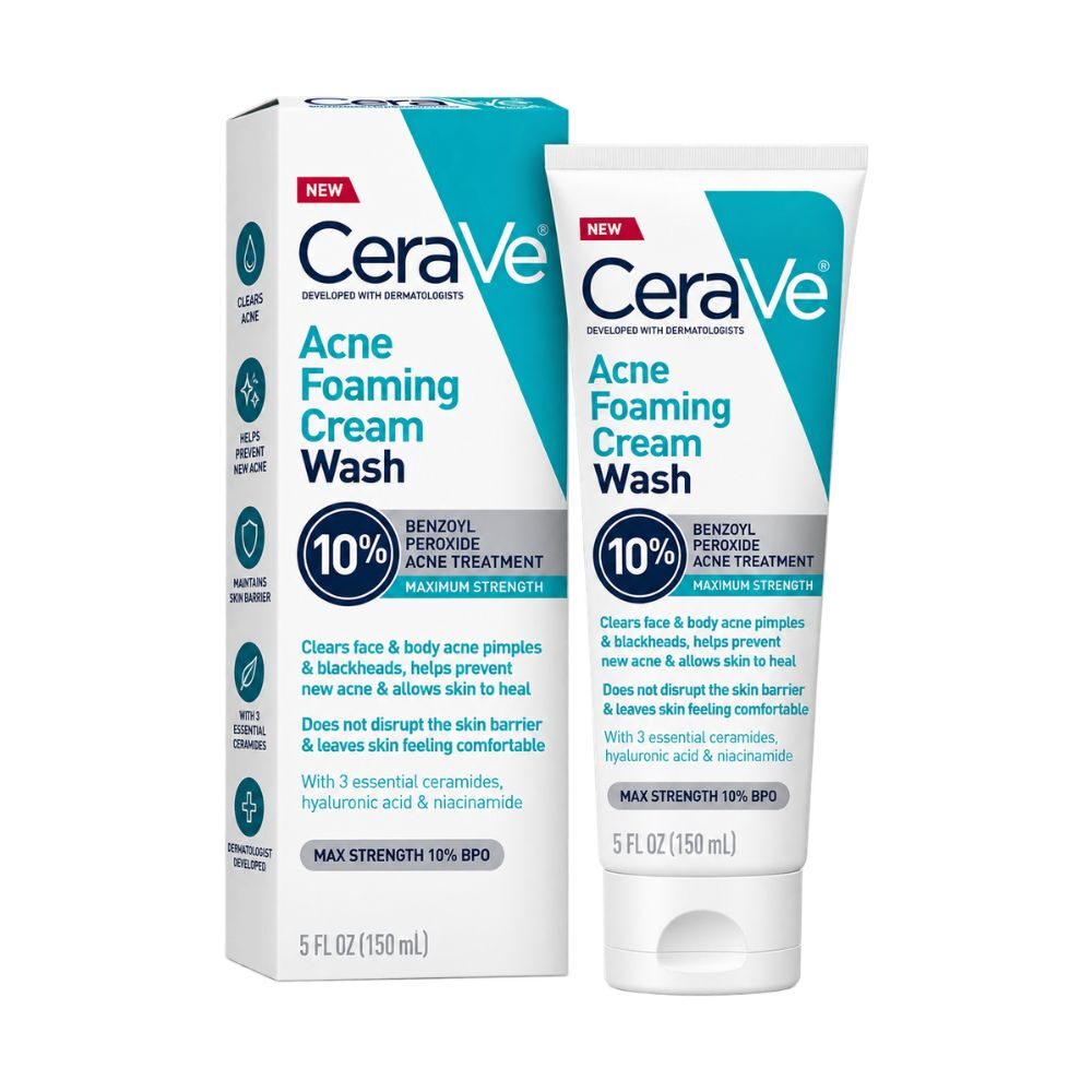 CeraVe Acne Foaming Cream Wash 150ml bottle showing 10% Benzoyl Peroxide formula