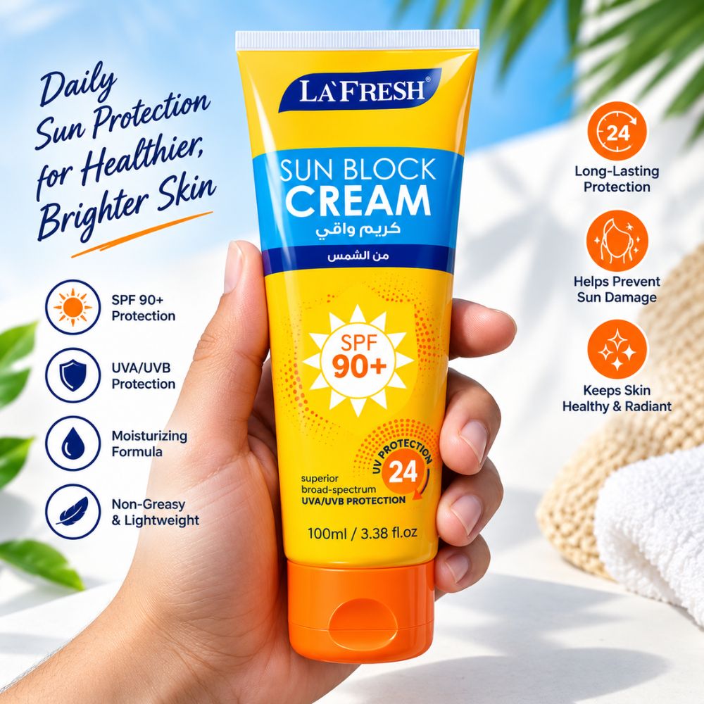 Lafresh Sun Block Cream SPF 90+ with Aloe Vera and Vitamin E for Face and Body 2 Create this image to 1000 x 1000 px in hd quality and remove blur and remove background