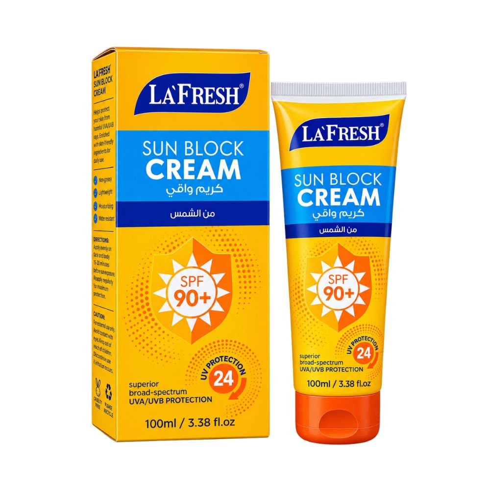 Lafresh Sun Block Cream SPF 90+ with Aloe Vera and Vitamin E for Face and Body 1 Lafresh Sun Block Cream SPF 90+ tube for face and body protection